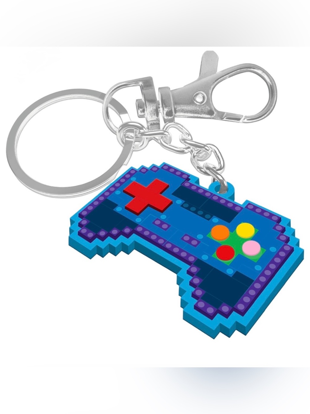 Lego Blue Pixel Game Controller Keychain with Red D-Pad and Multicolor Buttons